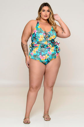 Maiô Plus Size com Bojo e Saída Embutida Verde Água