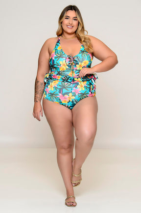 Maiô Plus Size com Bojo e Saída Embutida Verde Água