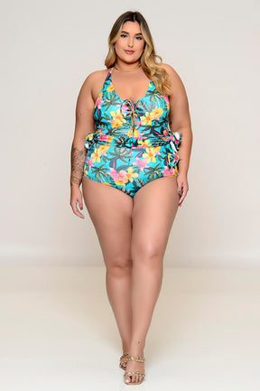 Maiô Plus Size com Bojo e Saída Embutida Verde Água