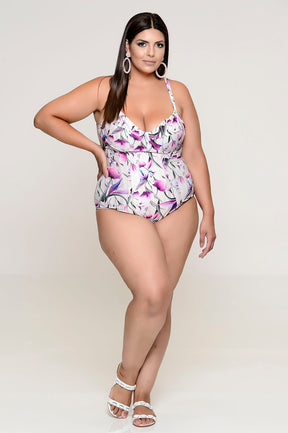 Maiô Plus Size Zero Barriga Estampado Bege