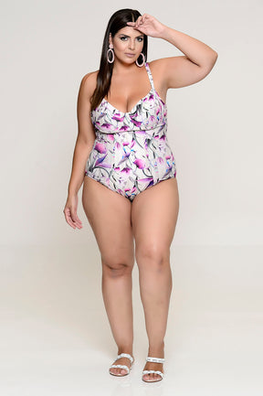 Maiô Plus Size Zero Barriga Estampado Bege