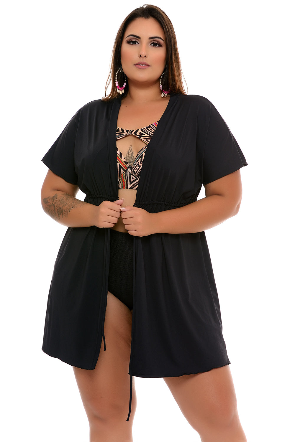 Saída de Praia Plus Size Kimono Preta