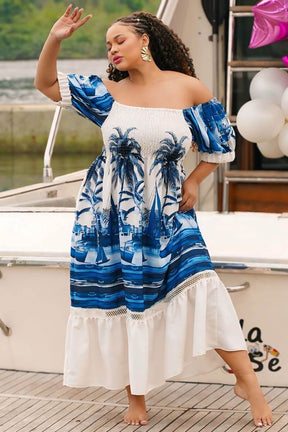 Vestido Azul Plus Size Longo Estampado - BlackWeek