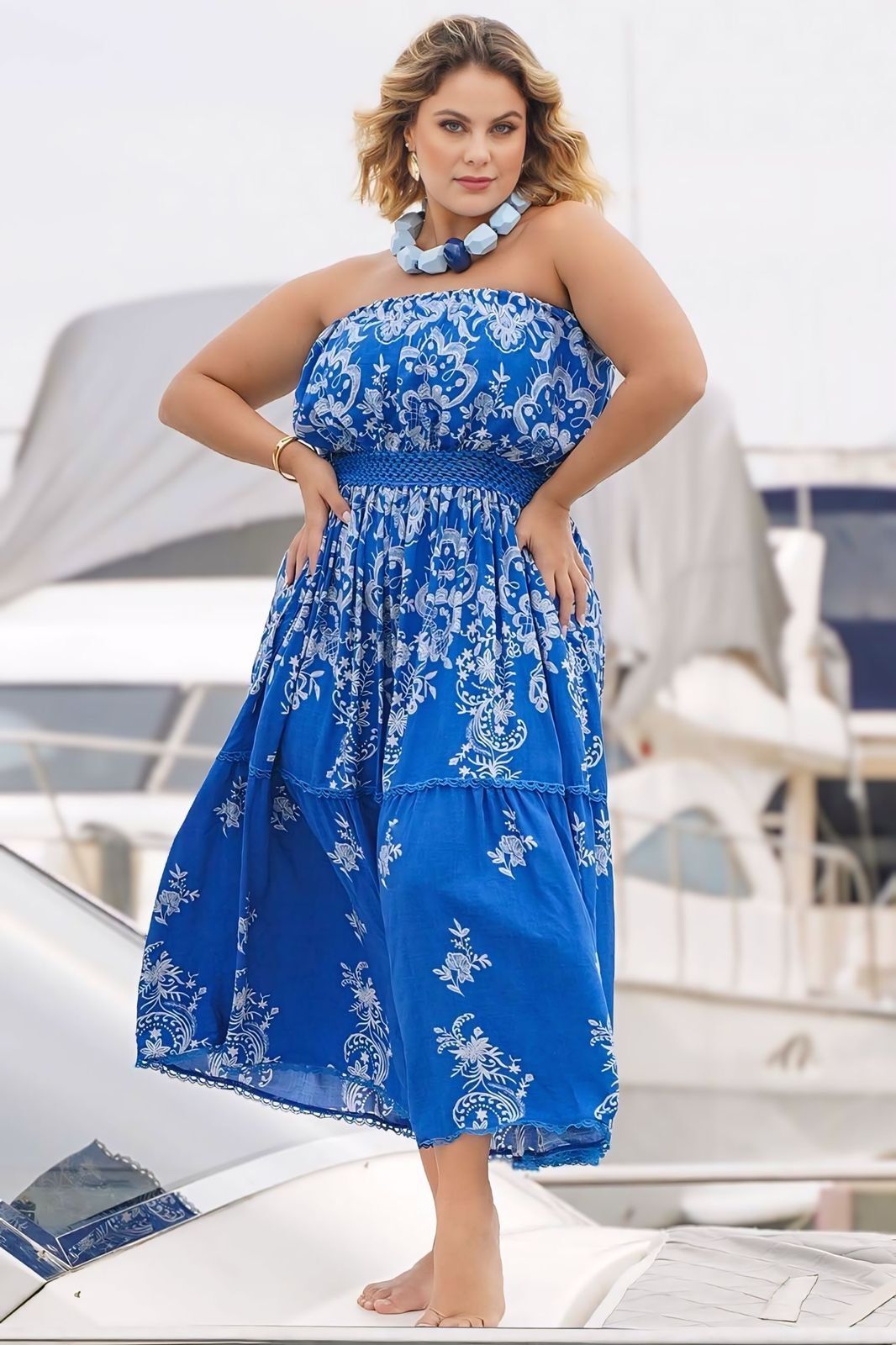 Vestido Plus Size Estampado Sem Alças Azul - BlackWeek