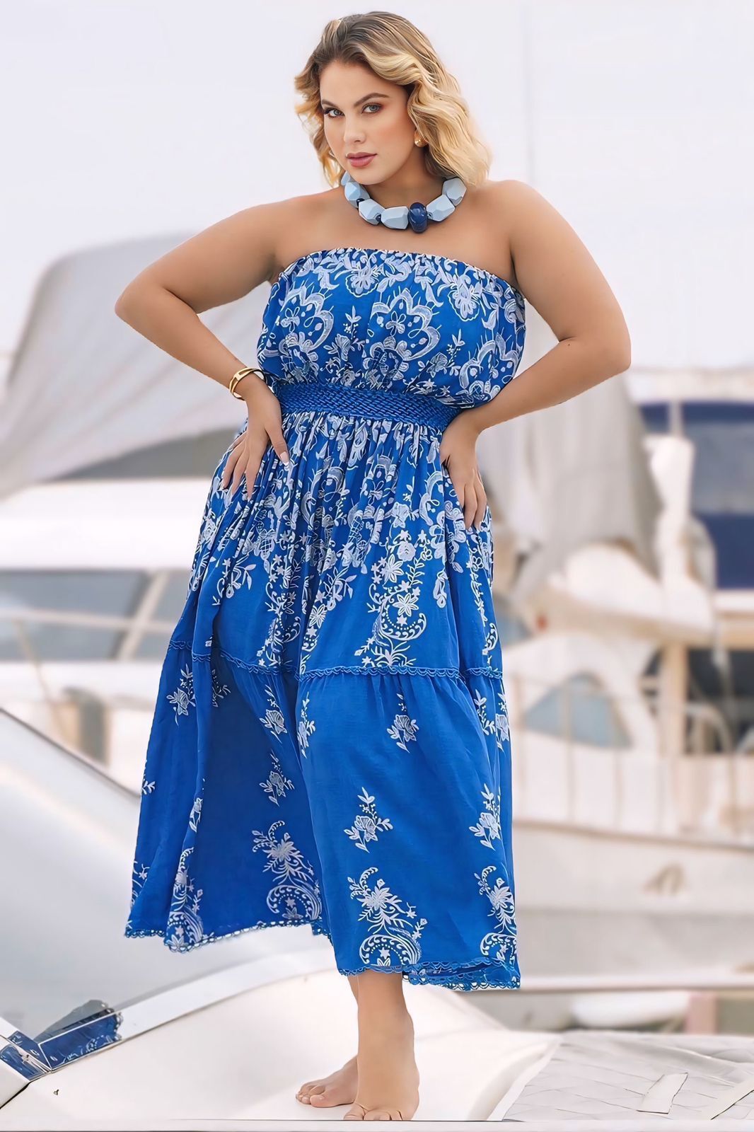 Vestido Plus Size Estampado Sem Alças Azul - BlackWeek